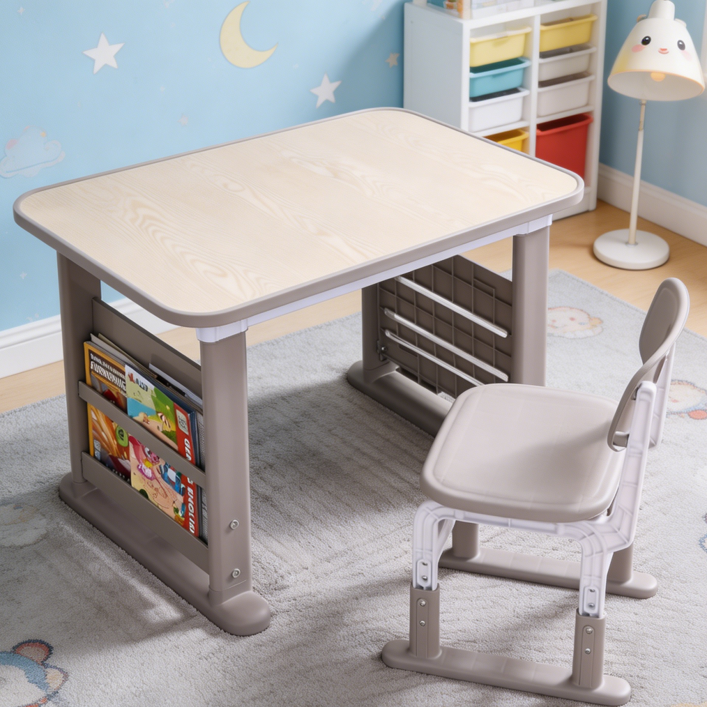 Grey Height-Adjustable Kids Desk Chair Set with Bookshelf