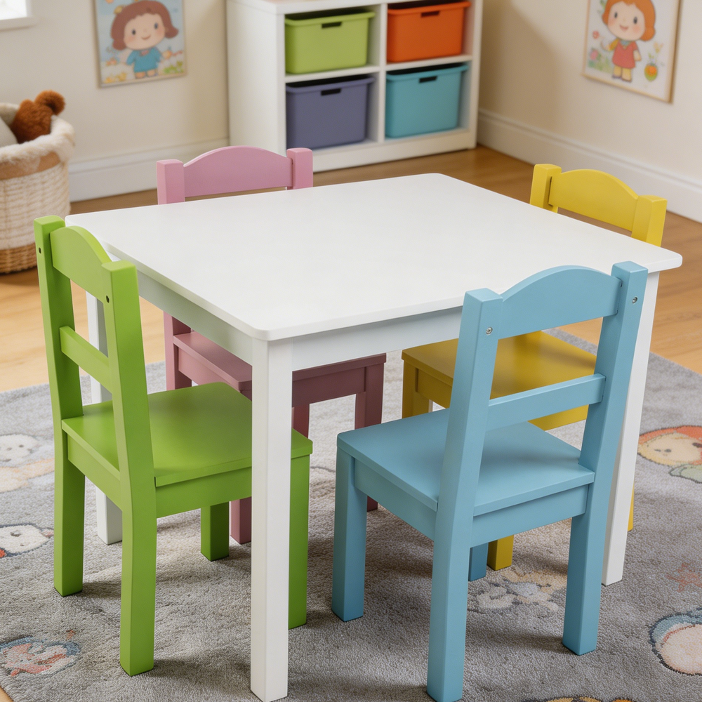 White/Pastel Wooden Kids Table and 4 Chairs Set