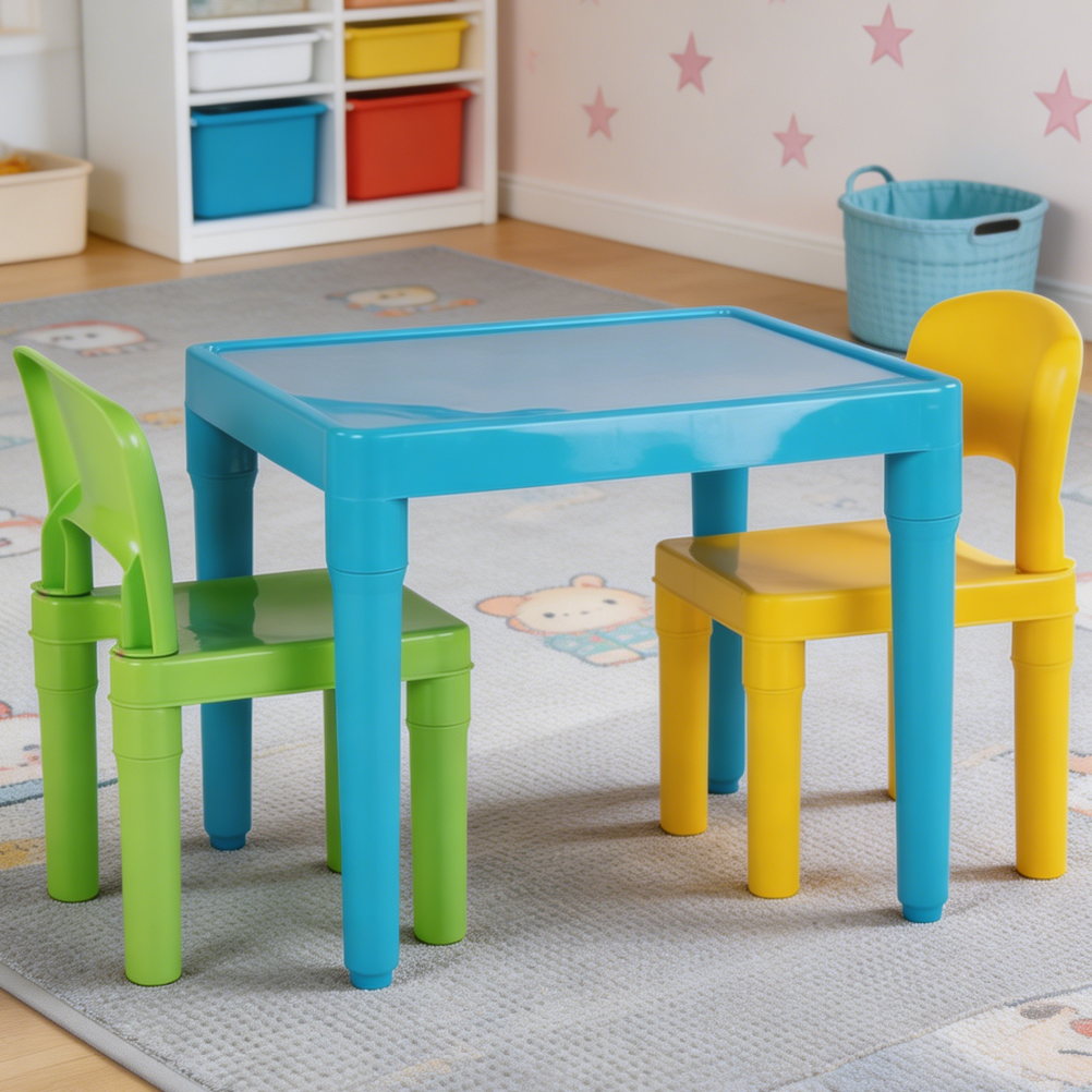 Aqua/Green/Yellow Plastic Kids Table and 2 Chairs Set