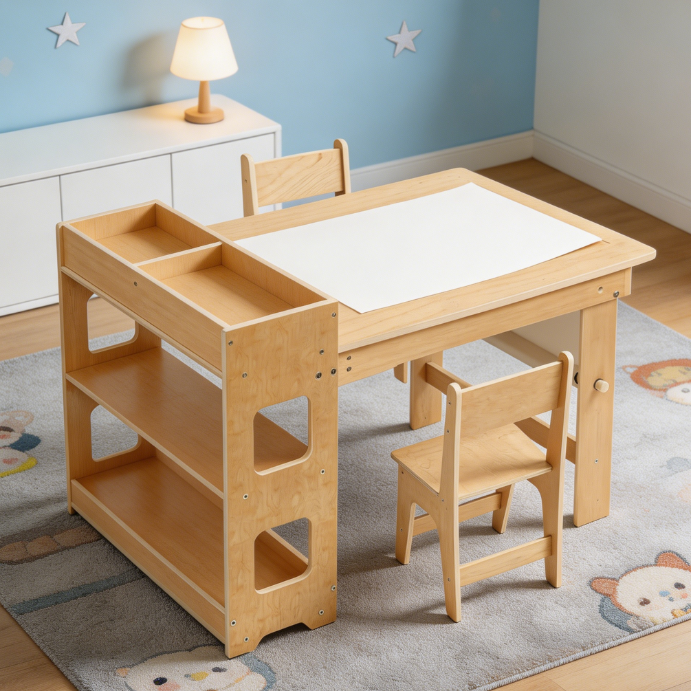 Wooden 5-in-1 Kids Art Table and Chairs with Storage