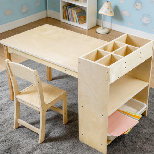Birch Wooden Kids Art Table and Chair Set with Storage