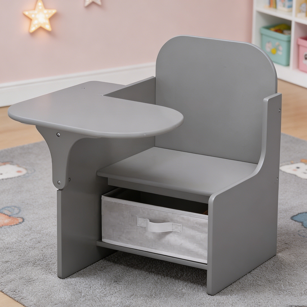 Grey Kids Chair Desk with Storage Bin